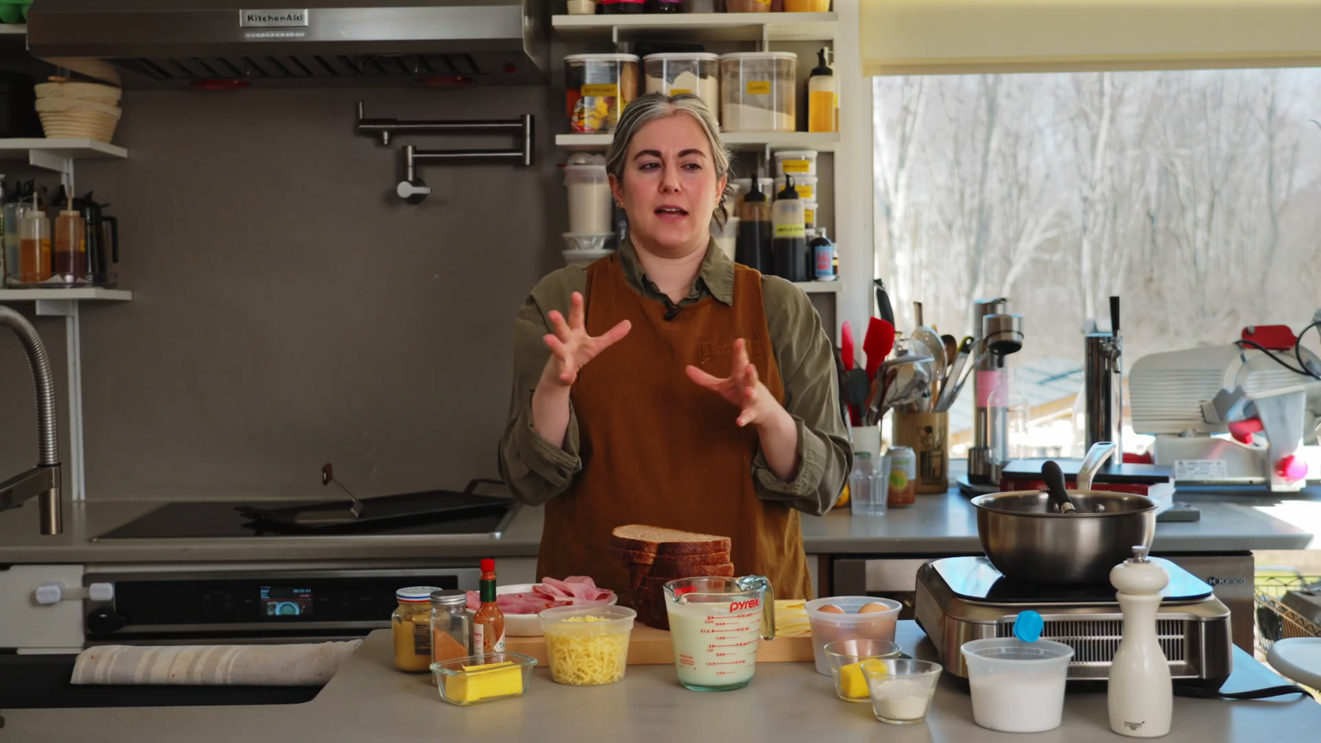 Ingredients for croque madame arranged on a kitchen counter